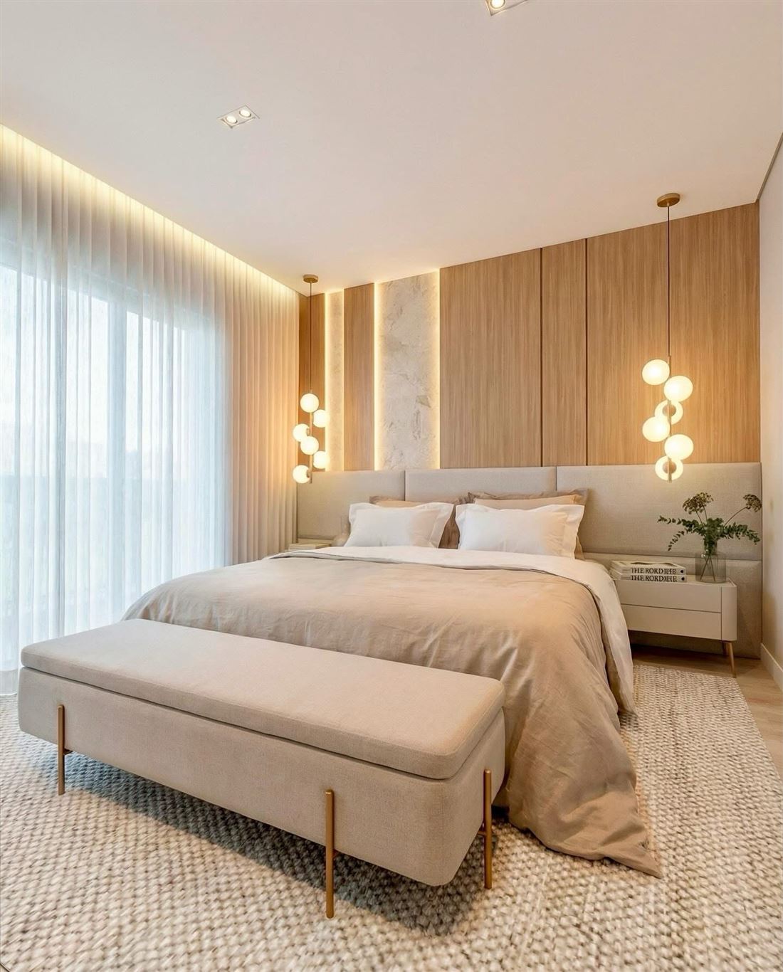 Cortinas em ambiente comercial com iluminação em madeira