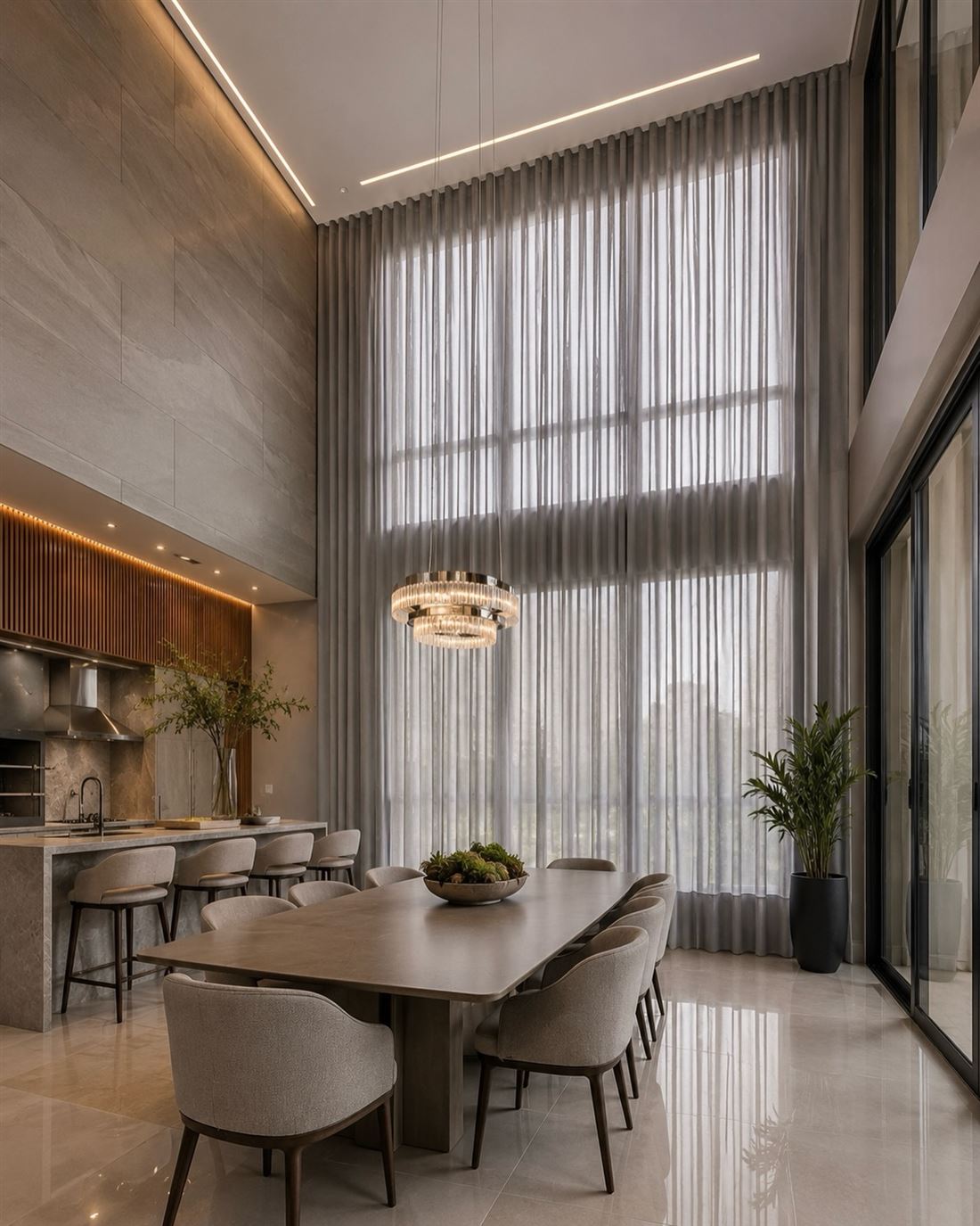 Cortinas de voil em sala de jantar e cozinha integradas
